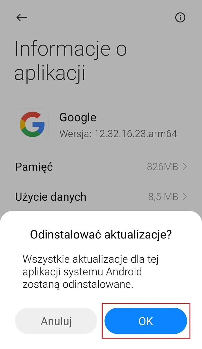 odinstalowanie aktualizacji Google w telefonie