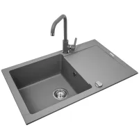 Zestaw granitowy Pyramis Zlewozmywak Sparta Plus 78x48 1B 1D + Bateria Silvio Szary beton + Młynek
