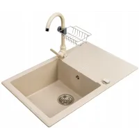 Zestaw granitowy Pyramis Zlewozmywak Keros 76x48 1B1D Beż piaskowy + Bateria Lungo