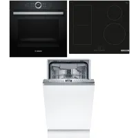 Zestaw AGD do zabudowy Bosch Piekarnik elektryczny HBG635BB1 + Płyta indukcyjna PVS61RBB5E + Zmywarka SPV4EMX10E