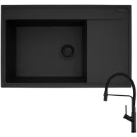 Zestaw Pyramis Zlewozmywak granitowy Camea 79x50 1B1D L Black Edition + Bateria Flexos