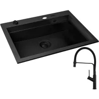 Zestaw Pyramis Zlewozmywak granitowy Siros 67x51,5 1B Black Edition + Bateria Flexos