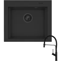 Zestaw Pyramis Zlewozmywak granitowy Siros 57x51,5 1B Black Edition + Bateria Flexos
