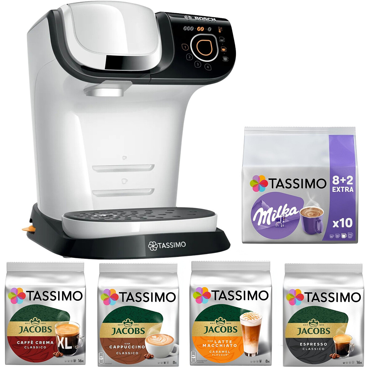 zestaw ekspres bosch tassimo tas6504 kapsulki jacobs cappuccino classico 8 szt. espresso classico 16szt. milka 10szt. caffe crema classico 16szt. latte macchiato caramel 8 szt. glowne