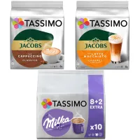 Zestaw kapsułek Tassimo Jacobs Cappuccino Classico 8 szt. + Latte Macchiato Caramel 8 szt. + Milka 10 szt.