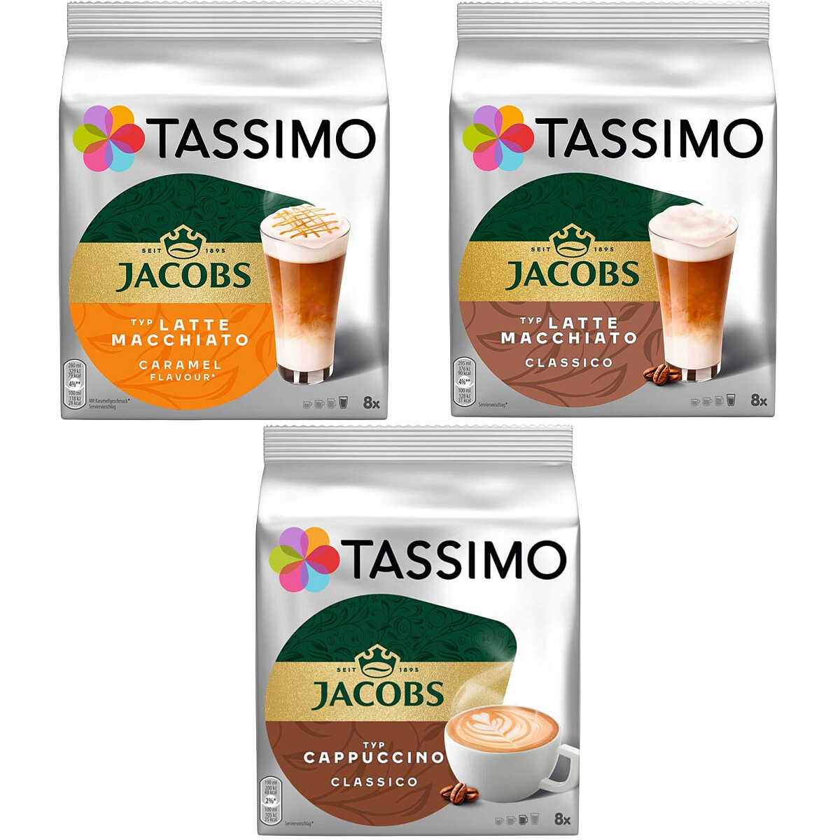 zestaw kapsulek tassimo jacobs cappuccino classico 8 szt. latte macchiato classico 8 szt latte macchiato caramel 8 szt 1