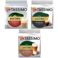 Zestaw kapsułek Tassimo Jacobs Latte Macchiato Classico 8 szt. + Cafe Au Lait 16 szt. + Espresso Classico 16 szt.