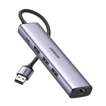 Adapter Ugreen CM475 5w1 USB-A do 3xUSB 3.0 + RJ45 + USB-C Srebrny