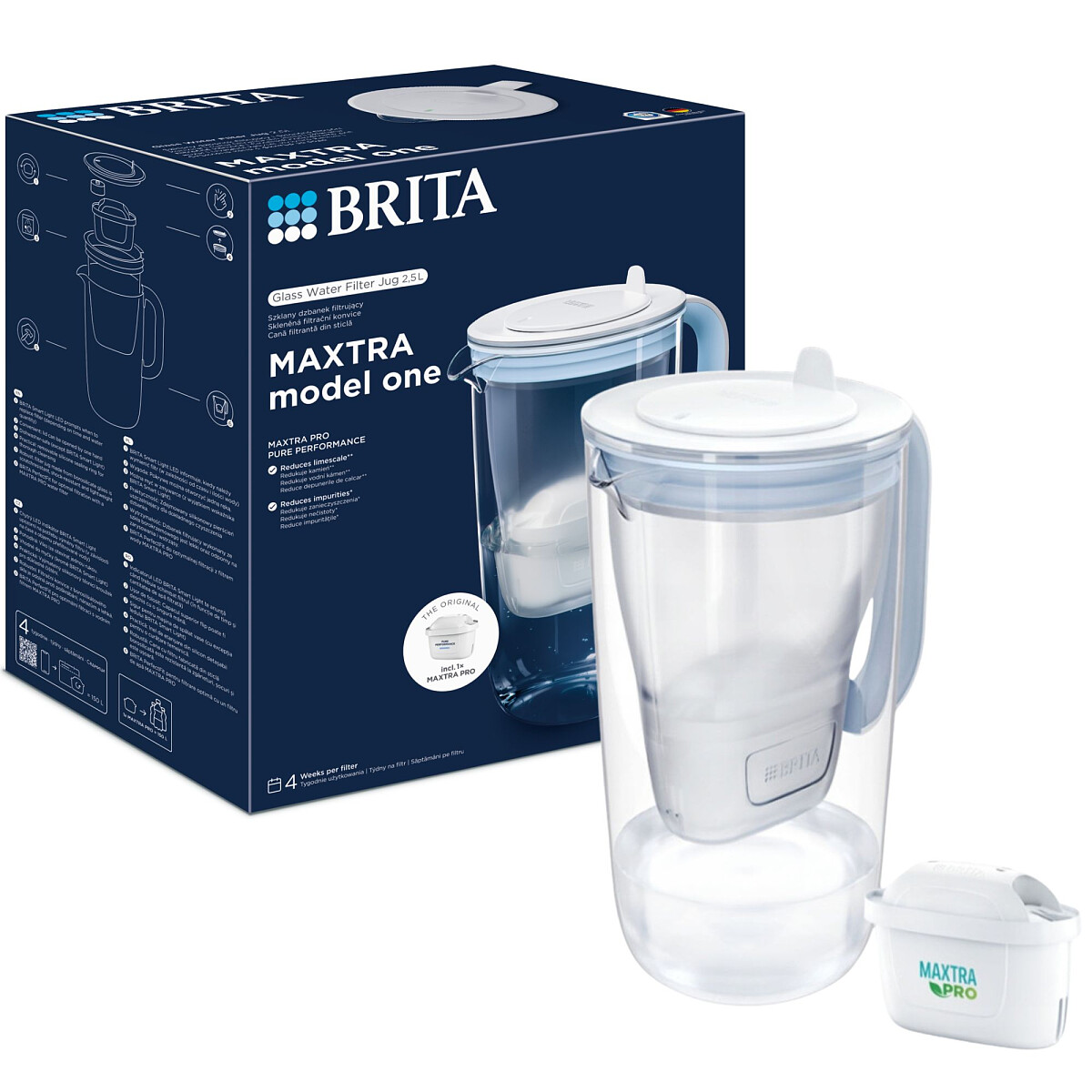 dzbanek filtrujacy brita glass niebieski wklad maxtra pro pure performance z opakowaniem