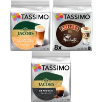 Zestaw kapsułek Tassimo Jacobs Latte Macchciato Vanilla 8 szt. + Latte Baileys 8 szt. + Espresso Classico 16 szt.