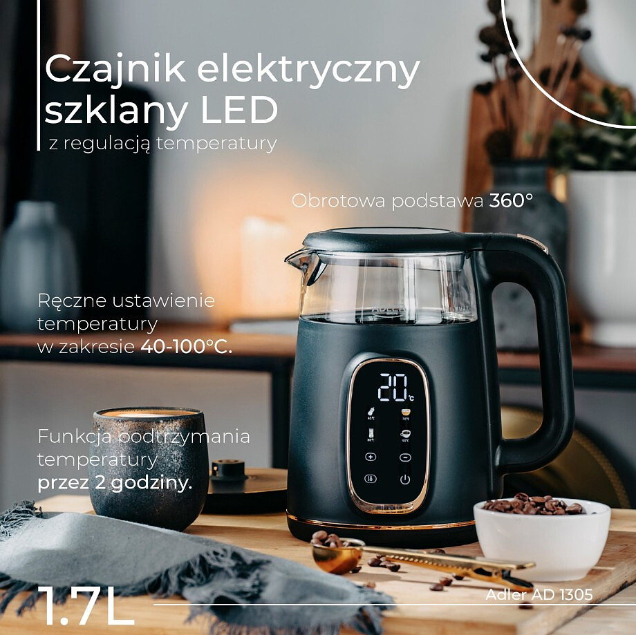 czajnik elektryczny adler ad 1305 bg czarno zloty czajnik szklany
