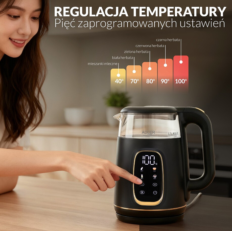 czajnik elektryczny adler ad 1305 bg czarno zloty regulacja temperatury