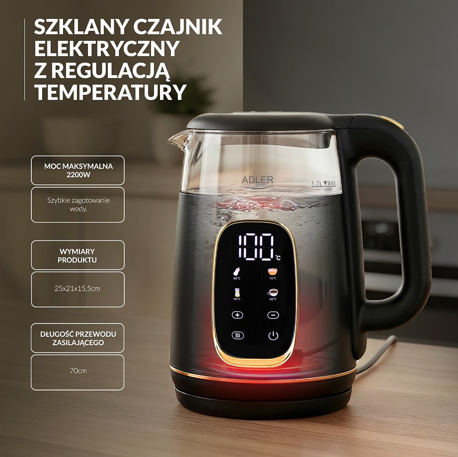 czajnik elektryczny adler ad 1305 bg czarno zloty szklany czajnik