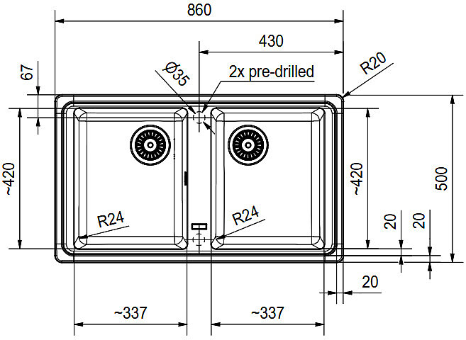 zlewozmywak granitowy basis bsg 620 34 34 rysunek techniczny 1